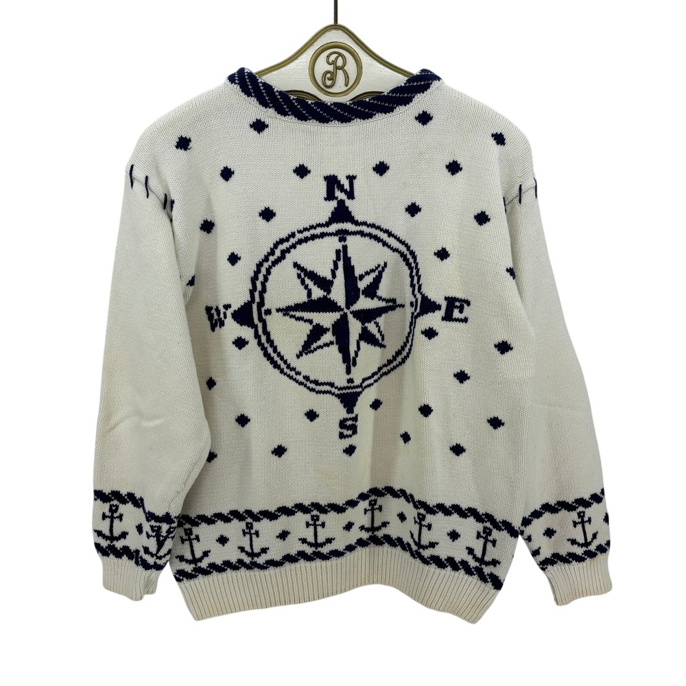 Vintage Eddie Bauer Nautical Sweater M Compass Anchor Knit Coastal Grandma